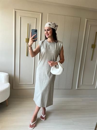 Vatkalı Flamlı Modal Kumaş Elbise - Vizon - 1023 