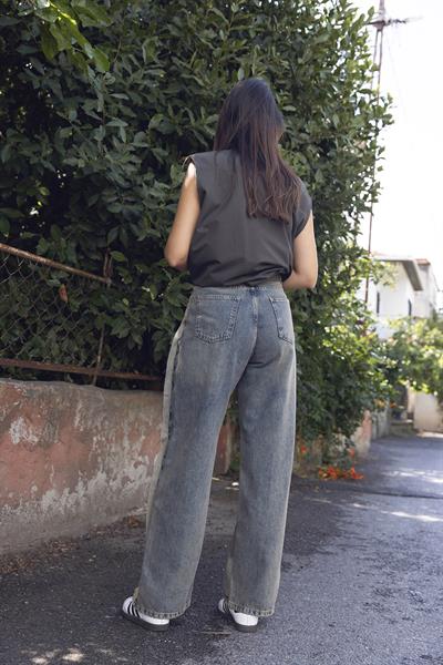 Parça Kumaşlı Wet Leg Denim Pantolon