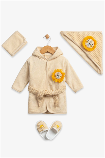 Aslan Kutulu 4 Parça %100 Organik Pamuk Bebek Bornoz Seti (Unisex)AgucukBebek Bornozları