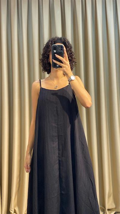 Askılı Siyah Keten Elbise