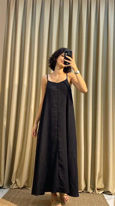 Askılı Siyah Keten Elbise