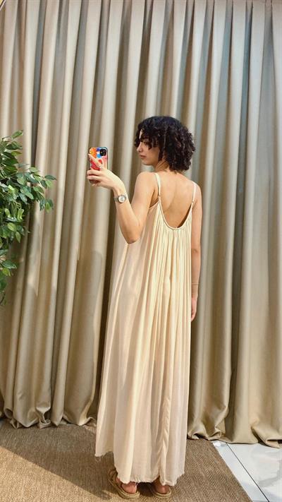 Askılı Krem Keten Elbise 