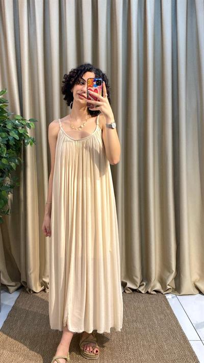 Askılı Krem Keten Elbise 