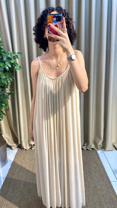 Askılı Krem Keten Elbise 