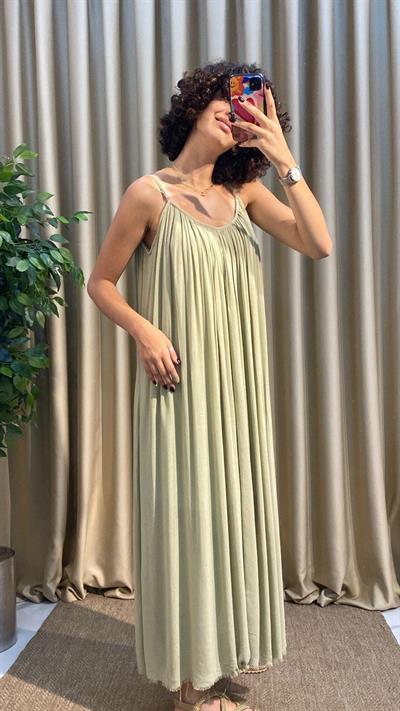 Askılı Yeşil Keten Elbise 