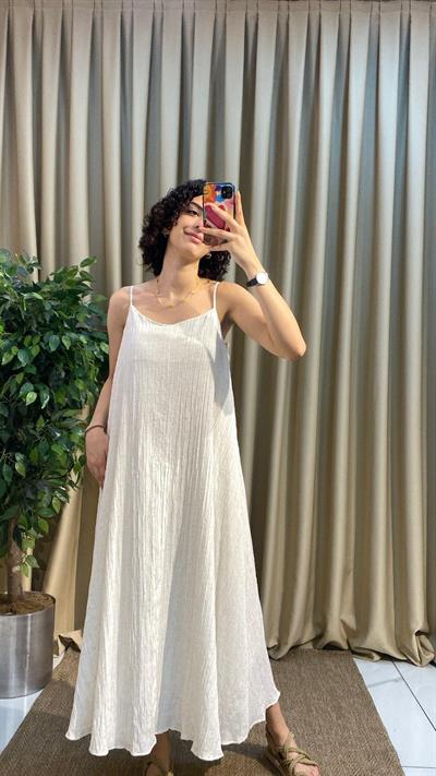 Astarlı Askılı Keten Elbise