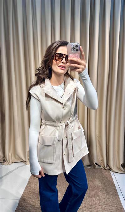 Bağlama Detay Krem Yelek