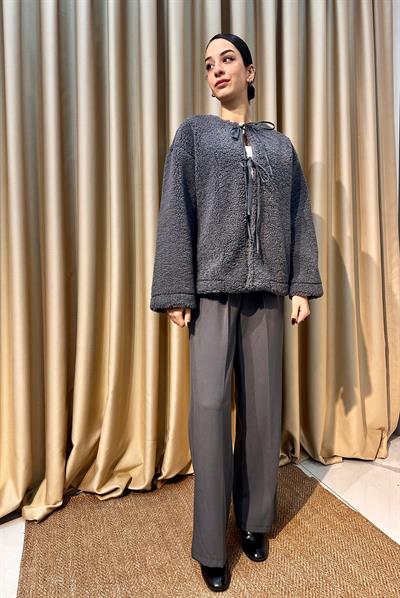 Bağlamalı Gri Teddy Ceket