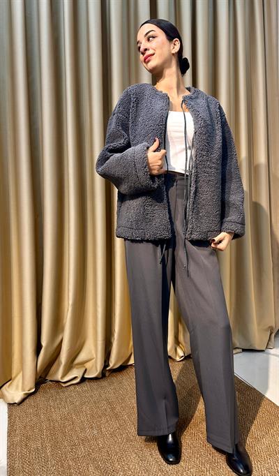 Bağlamalı Gri Teddy Ceket