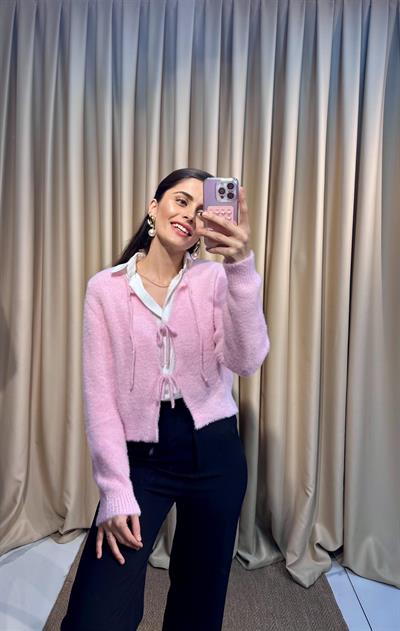 Bağlamalı Pembe Peluş Hırka 