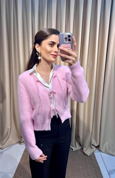 Bağlamalı Pembe Peluş Hırka 