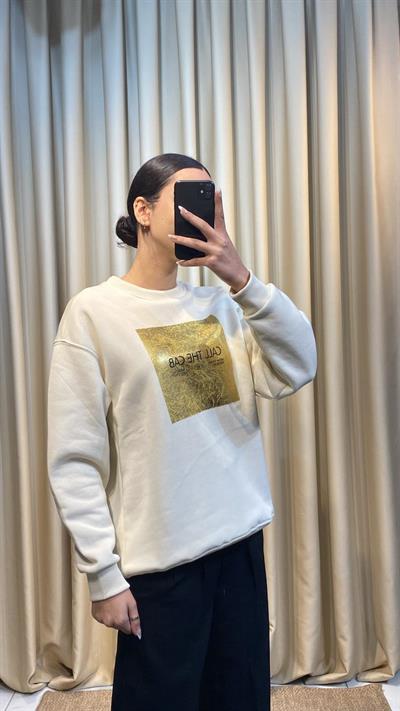 Baskı Detay Beyaz Sweatshirt