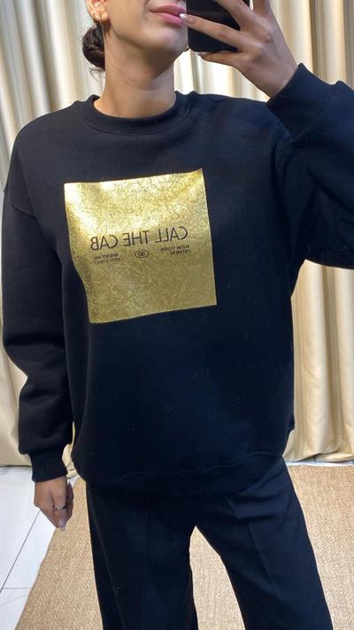Baskı Detay Siyah Sweatshirt