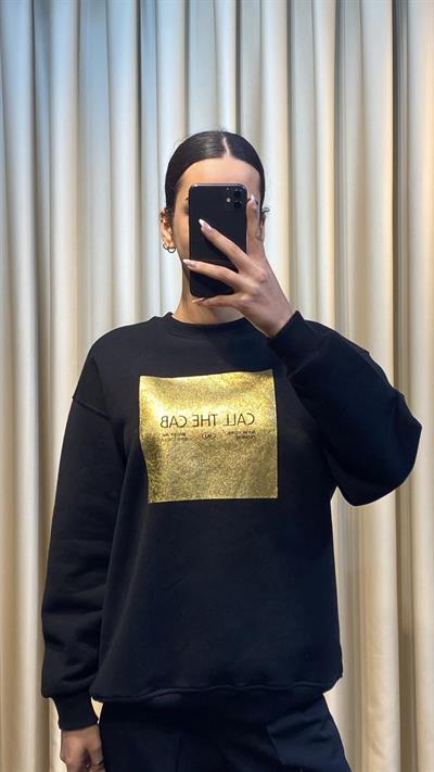Baskı Detay Siyah Sweatshirt