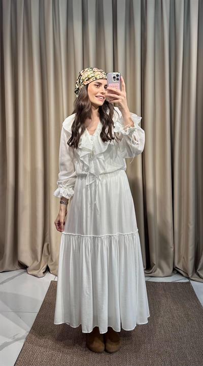 Beyaz Fırfır Detay Şifon Elbise 