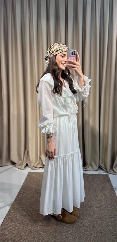 Beyaz Fırfır Detay Şifon Elbise 