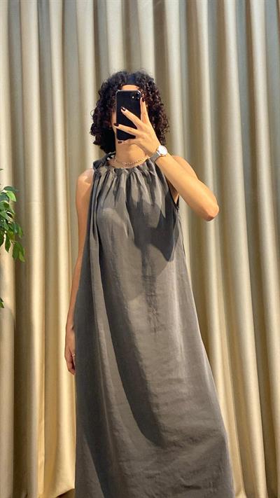 Boyundan Bağlamalı Tensel Antrasit Elbise 