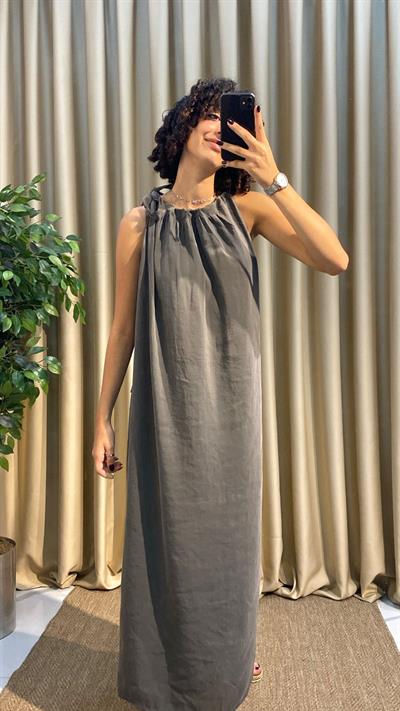 Boyundan Bağlamalı Tensel Antrasit Elbise 