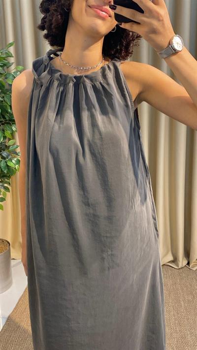 Boyundan Bağlamalı Tensel Antrasit Elbise 