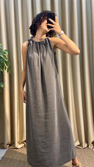 Boyundan Bağlamalı Tensel Antrasit Elbise 