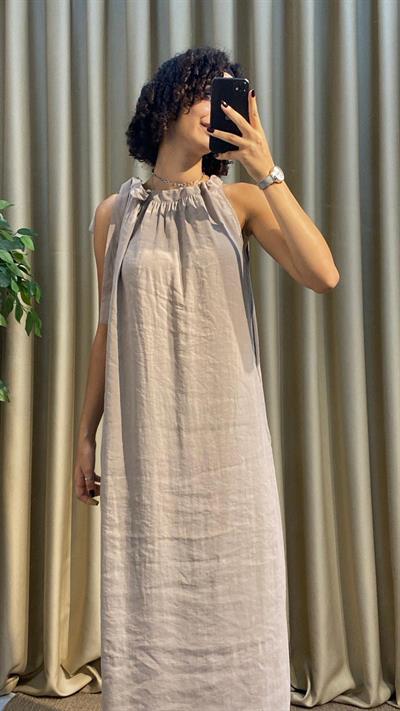 Boyundan Bağlamalı Tensel Vizon Elbise 