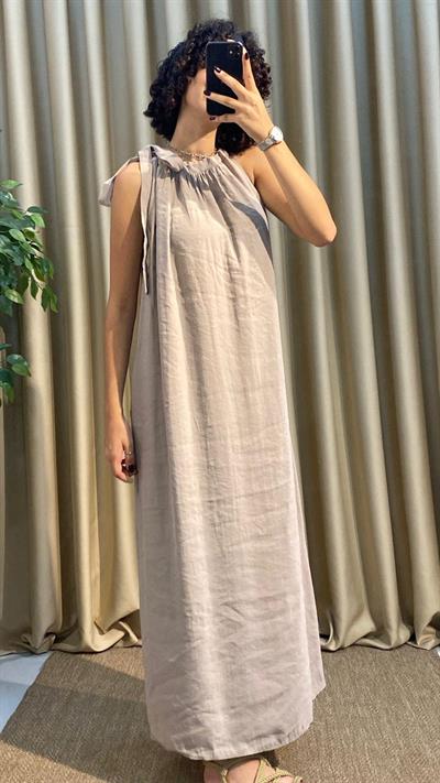 Boyundan Bağlamalı Tensel Vizon Elbise 