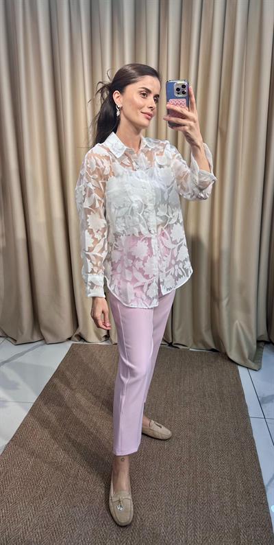 Çiçek Desenli Beyaz Transparan Gömlek 