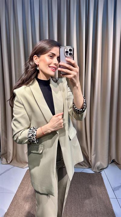 Leopar Astarlı Açık Haki Blazer Ceket