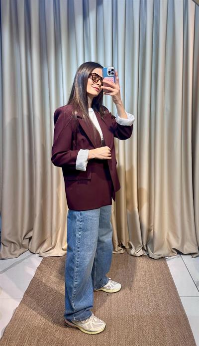Çizgi Astarlı Bordo Blazer Ceket