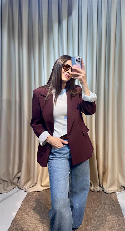 Çizgi Astarlı Bordo Blazer Ceket