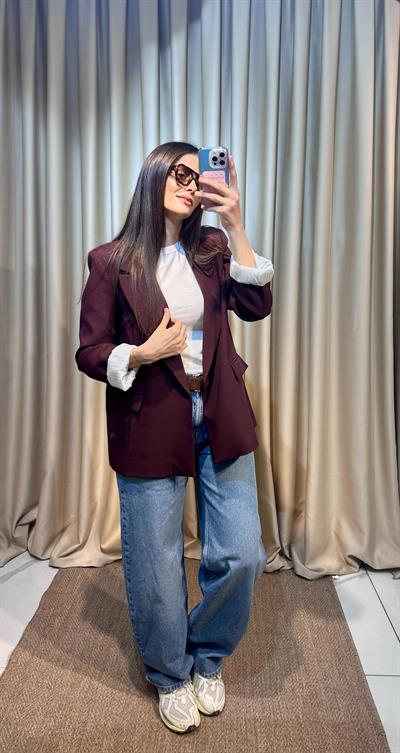 Çizgi Astarlı Bordo Blazer Ceket