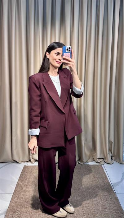 Çizgi Astarlı Bordo Blazer Takım 