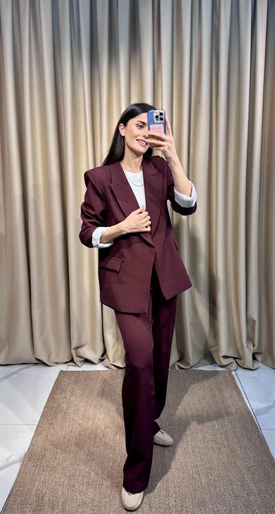 Çizgi Astarlı Bordo Blazer Takım 