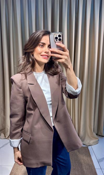 Çizgi Astarlı Kahverengi Blazer Ceket