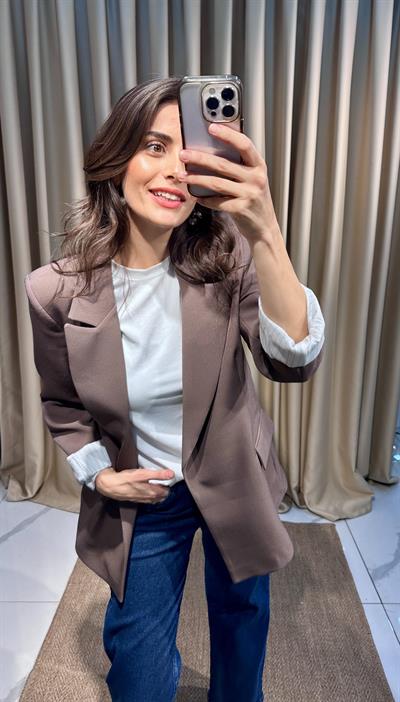 Çizgi Astarlı Kahverengi Blazer Ceket