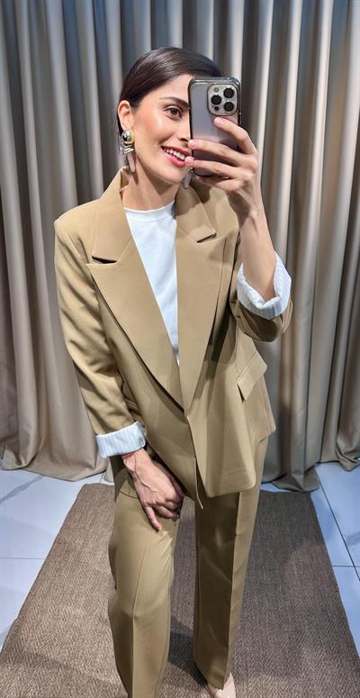 Çizgi Astarlı Koyu Haki Blazer Ceket