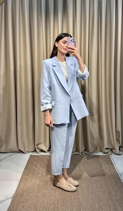 Çizgi Astarlı Lila Blazer Takım 