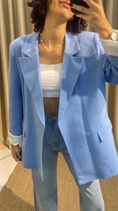 Çizgi Astarlı Mavi Keten Ceket