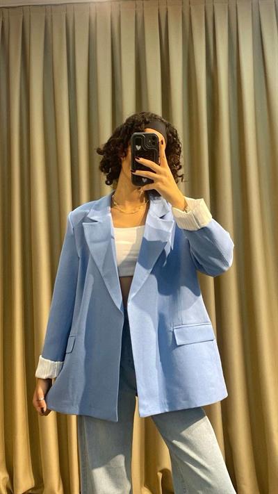 Çizgi Astarlı Mavi Keten Ceket