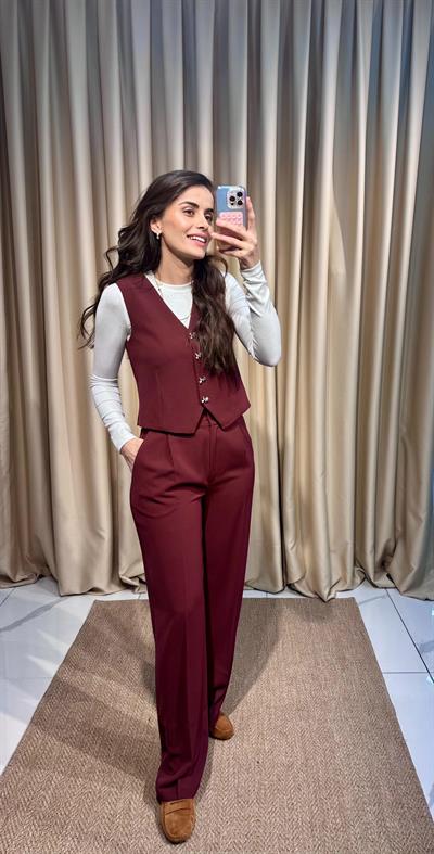 Düğme Detaylı Bordo Yelek Pantolon Takım