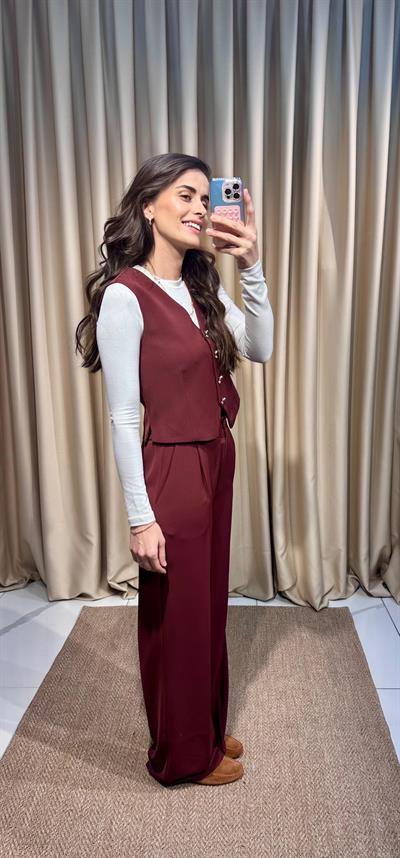 Düğme Detaylı Bordo Yelek Pantolon Takım