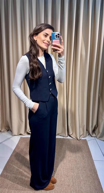 Düğme Detaylı Lacivert Yelek Pantolon Takım