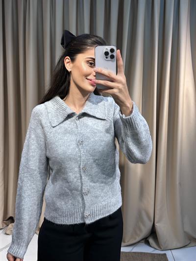 Matilda Taşlı Gri Yün Hırka 