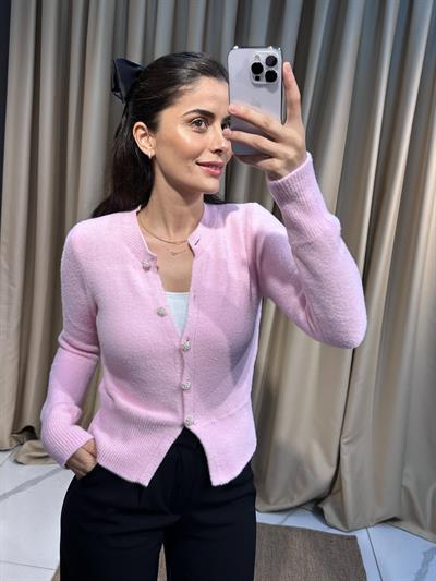 Düğmeli Pembe  Yumoş Hırka 