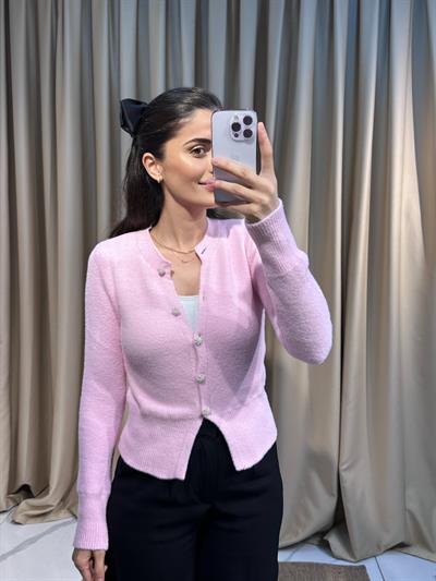 Düğmeli Pembe  Yumoş Hırka 