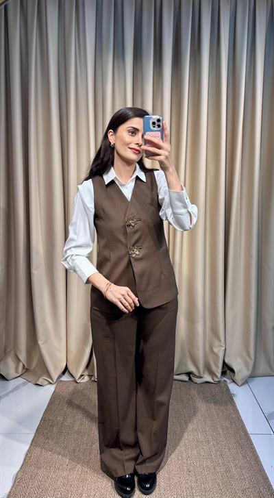 Flower Kahve Yelek Takım 