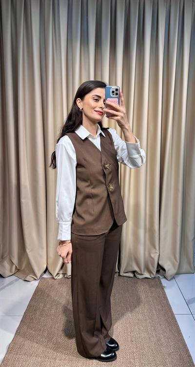 Flower Kahve Yelek Takım 