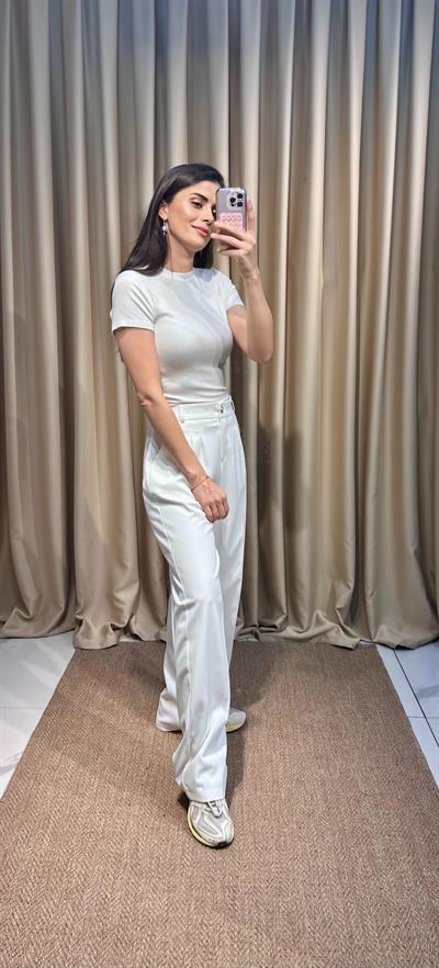 Gold Düğmeli Beyaz  Palazzo Pantolon