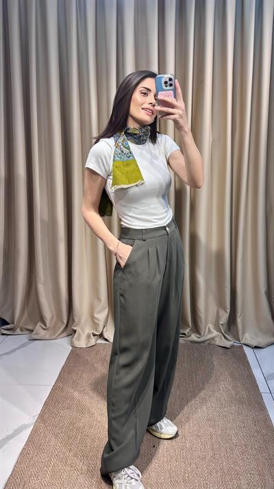 Gold Düğmeli Haki Palazzo Pantolon