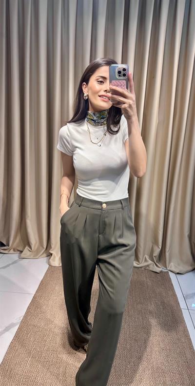 Gold Düğmeli Haki Palazzo Pantolon